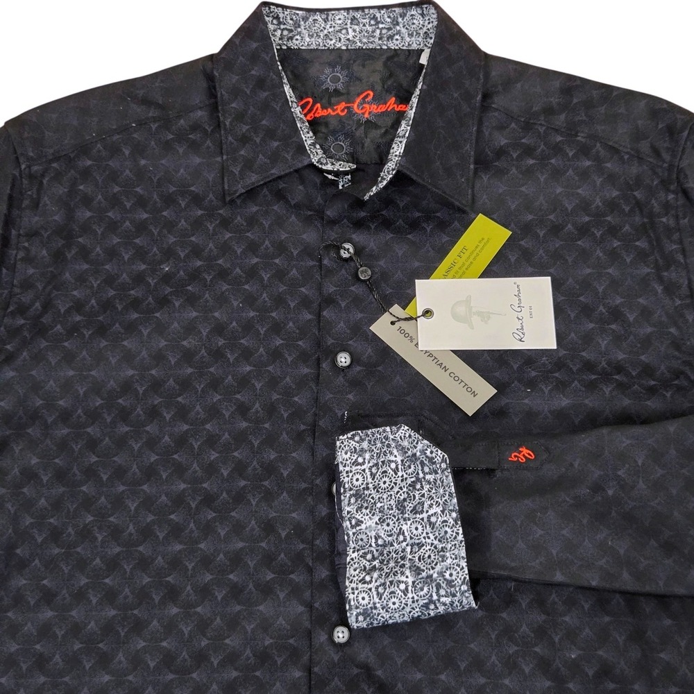 Robert Graham Shirt Large Black Diamante Egyptian Cotton Jacquard NEW Button